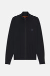 Marineblauwe BOSS ORANGE-jas met rits en discreet logo op de borst.
