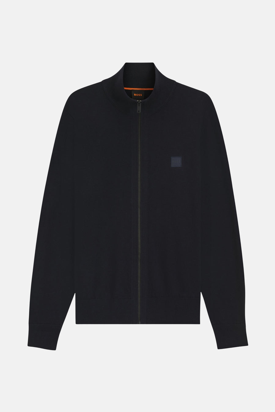 Marineblauwe BOSS ORANGE-jas met rits en discreet logo op de borst.