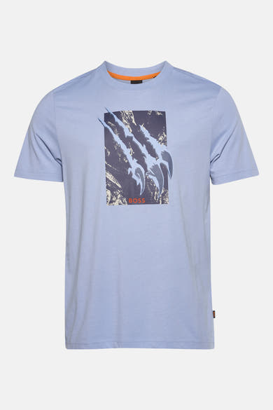 T-shirt bleu à manches courtes de BOSS ORANGE, avec motif graphique effet griffures sur le devant.
