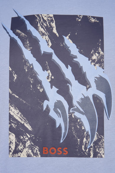 T-shirt à manches courtes bleu de BOSS ORANGE, avec un motif griffes et le logo de la marque.