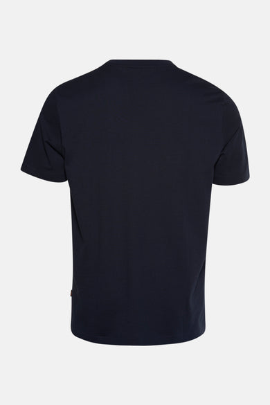 T-shirt bleu à manches courtes de BOSS ORANGE, uni, avec une petite étiquette rouge sur le côté.