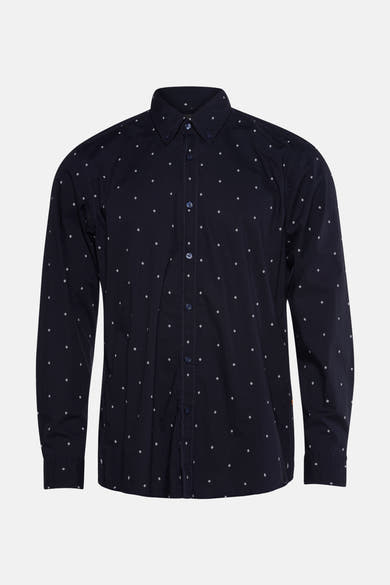 Blauwe BOSS ORANGE overhemd met lange mouwen en wit ruitpatroon.