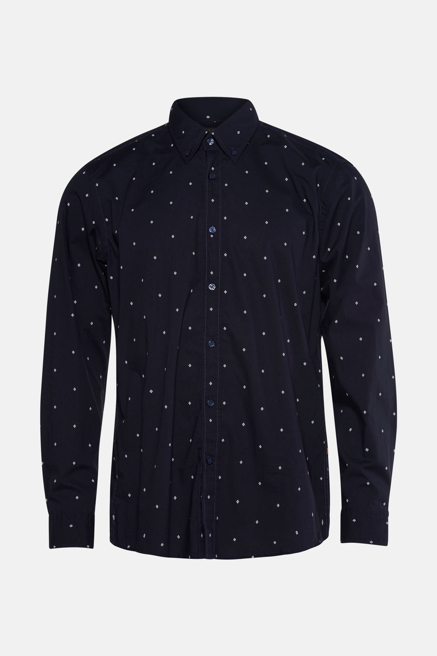 Blauwe BOSS ORANGE overhemd met lange mouwen en wit ruitpatroon.