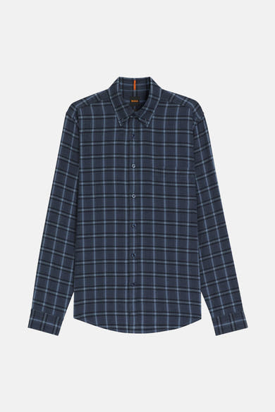Blauw geruit overhemd met lange mouwen van BOSS ORANGE, met zichtbare knopen en borstzak.