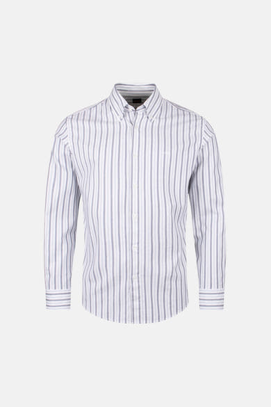 Chemise à manches longues beige de BOSS ORANGE, rayures verticales grises et détails de boutons.