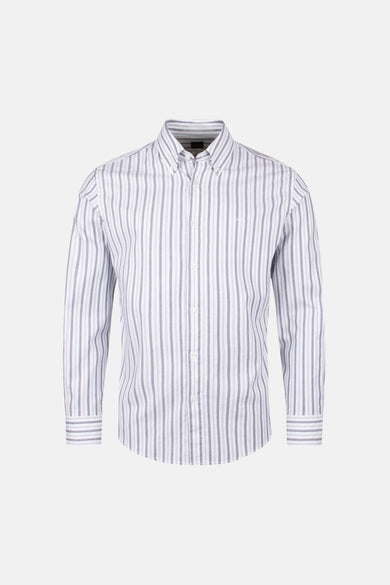 Chemise à manches longues beige de BOSS ORANGE, rayures verticales grises et détails de boutons.