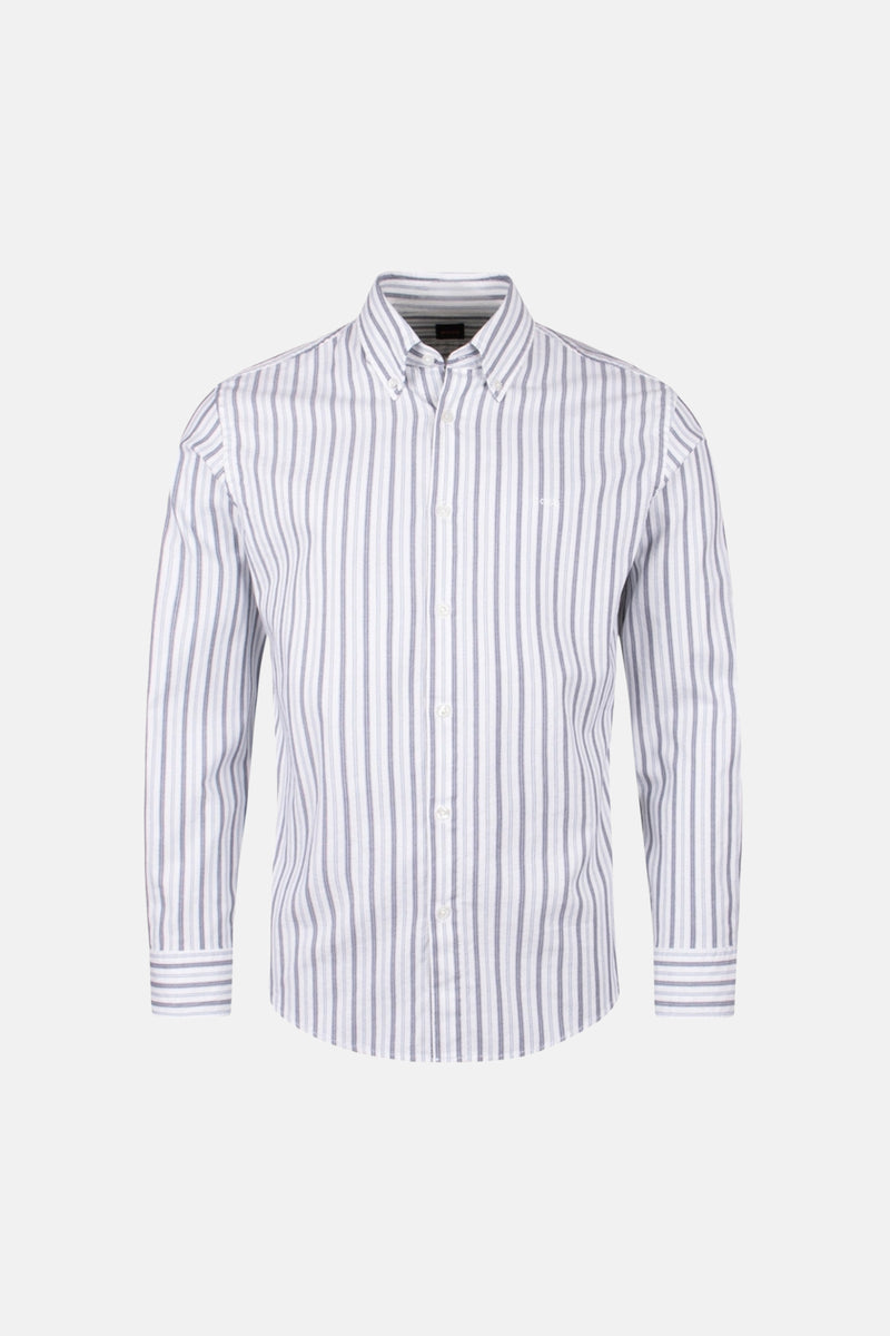 Chemise à manches longues beige de BOSS ORANGE, rayures verticales grises et détails de boutons.