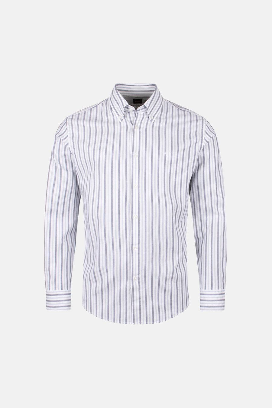 Chemise à manches longues beige de BOSS ORANGE, rayures verticales grises et détails de boutons.