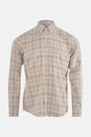 Chemise à manches longues grise BOSS ORANGE à carreaux discrets, avec poche poitrine et boutons blancs.