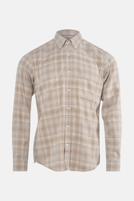 Grijze lange mouw chemise BOSS ORANGE met subtiele karo, met borstzak en witte knopen.