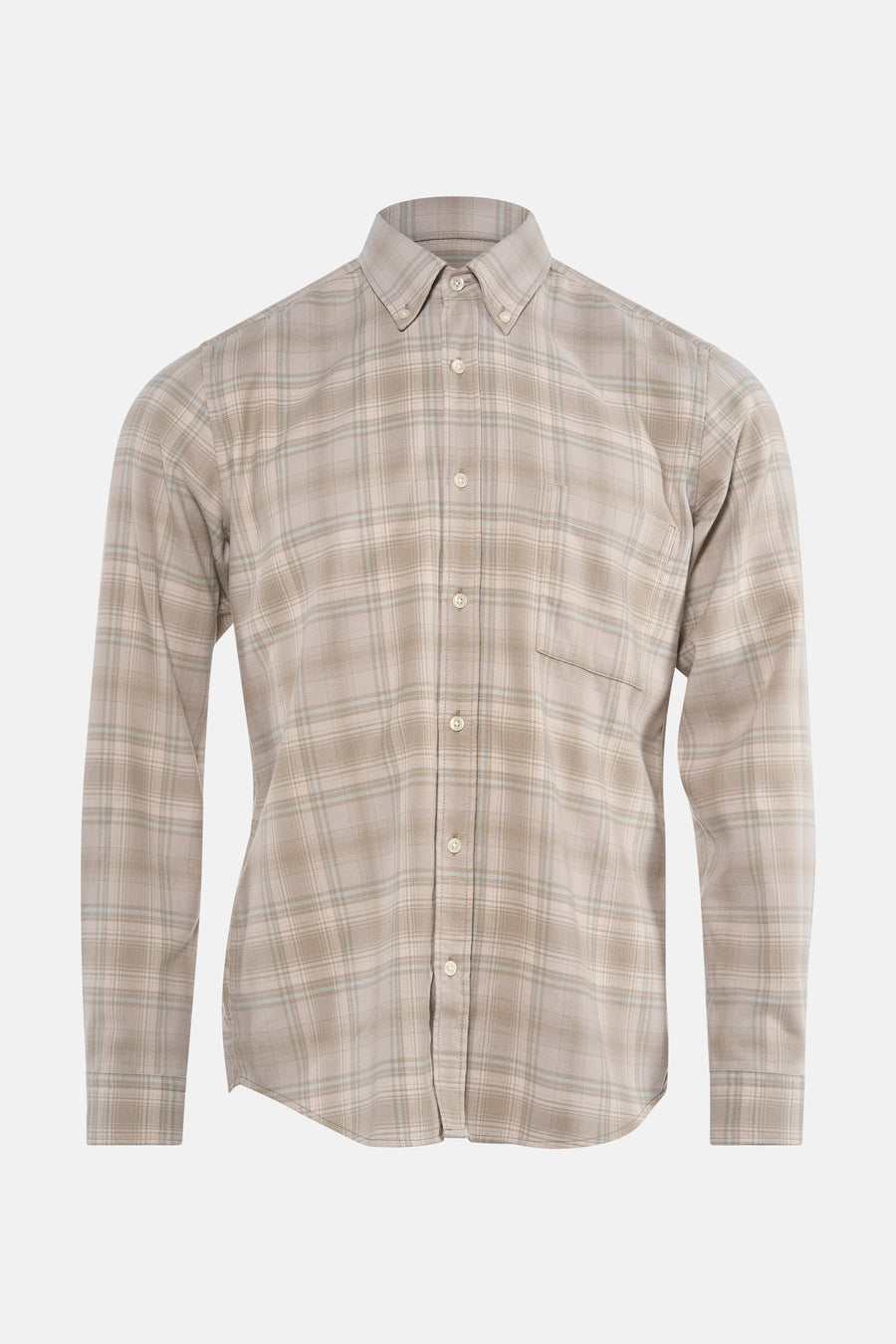Chemise à manches longues grise BOSS ORANGE à carreaux discrets, avec poche poitrine et boutons blancs.