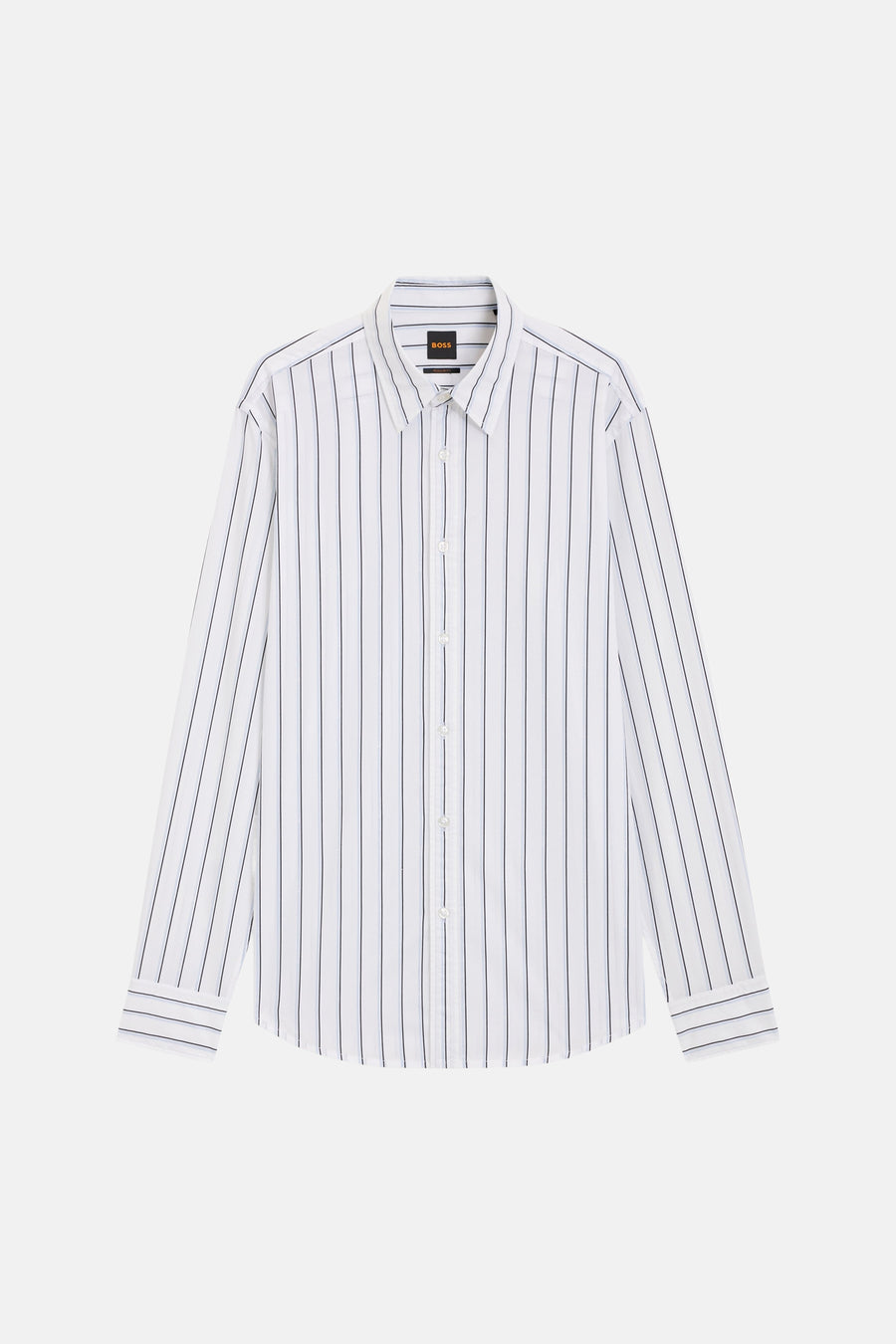 Chemise à manches longues blanche à rayures, de BOSS ORANGE, avec une coupe classique et des boutons blancs.
