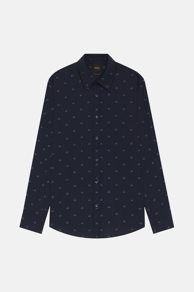 Donkerblauwe blouse met lange mouwen van BOSS ORANGE, met een subtiel wit driehoekig patroon.