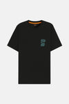 Zwart T-shirt met korte mouwen van BOSS ORANGE, met een opvallend grafisch motief op de borst.