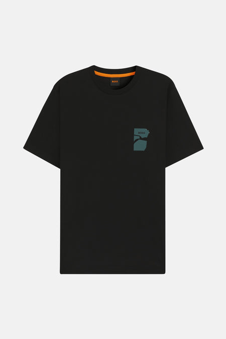 Zwart T-shirt met korte mouwen van BOSS ORANGE, met een opvallend grafisch motief op de borst.