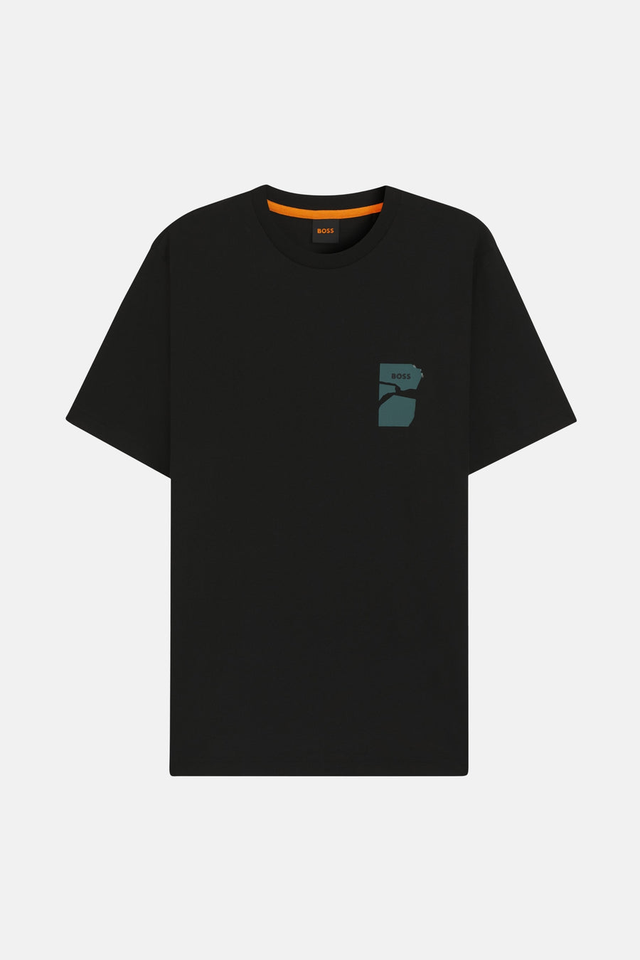 Zwart T-shirt met korte mouwen van BOSS ORANGE, met een opvallend grafisch motief op de borst.