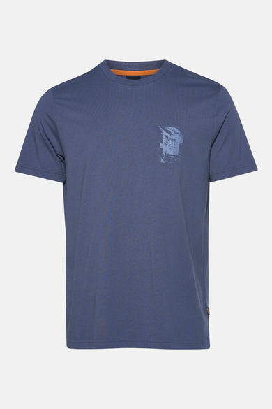 T-shirt à manches courtes bleu de BOSS ORANGE avec motif imprimé sur la poitrine.