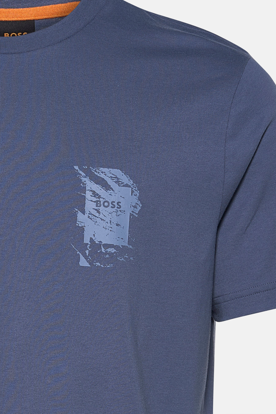 T-shirt à manches courtes bleu de BOSS ORANGE avec un imprimé graphique abstrait.