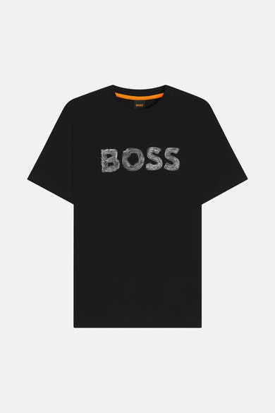 Zwart T-shirt met korte mouwen van BOSS ORANGE met grafische print op de voorkant en oranje ronde hals.