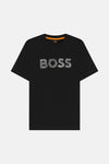 Zwart T-shirt met korte mouwen van BOSS ORANGE met grafische print op de voorkant en oranje ronde hals.