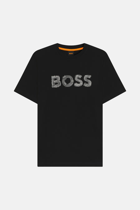 Zwart T-shirt met korte mouwen van BOSS ORANGE met grafische print op de voorkant en oranje ronde hals.