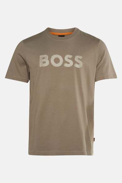 Beige T-shirt met korte mouwen van BOSS ORANGE, met het woord "BOSS" erop gedrukt, oranje ronde hals.