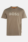Beige T-shirt met korte mouwen van BOSS ORANGE, met het woord "BOSS" erop gedrukt, oranje ronde hals.