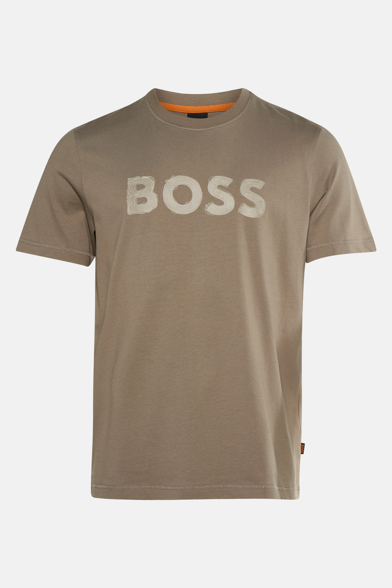 T-shirt beige à manches courtes de BOSS ORANGE avec lettrage graphique sur le devant.
