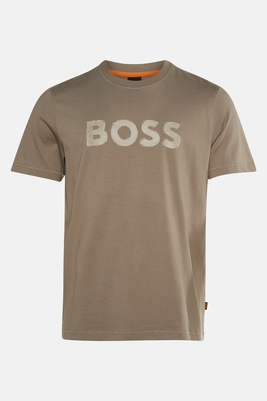 Beige T-shirt met korte mouwen van BOSS ORANGE, met het woord "BOSS" erop gedrukt, oranje ronde hals.