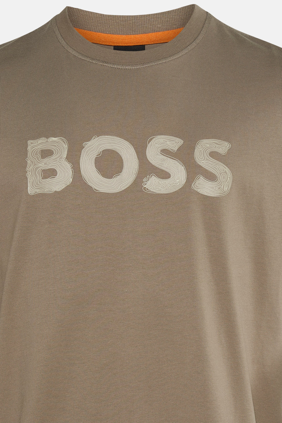 T-shirt beige à manches courtes de BOSS ORANGE, avec le mot « BOSS » imprimé, col rond orange.
