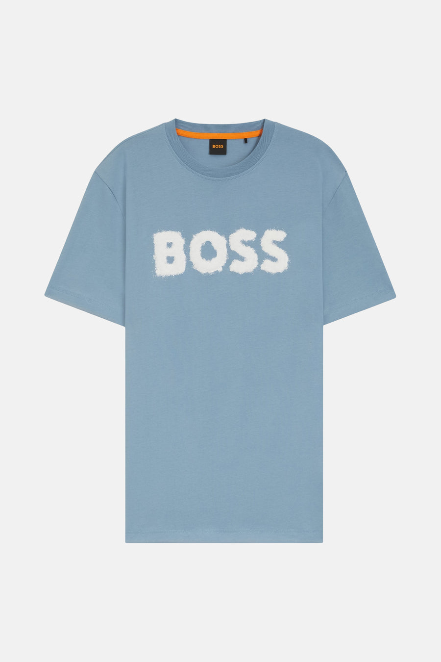 Blauw T-shirt met korte mouwen van BOSS ORANGE, met het woord "BOSS" in het wit op de voorkant gedrukt.
