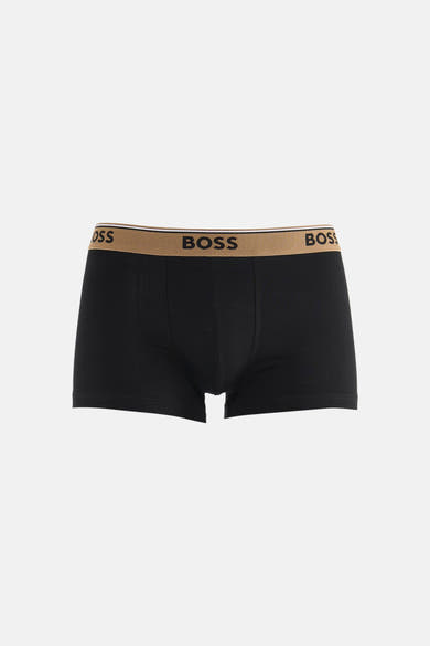 Black cotton boxers by BOSS with tan waistband featuring repeated logo, front view