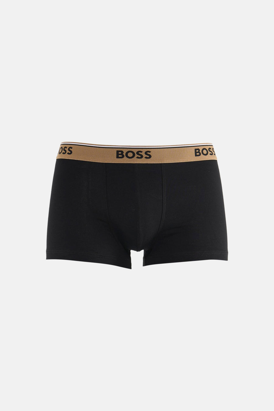Black cotton boxers by BOSS with tan waistband featuring repeated logo, front view