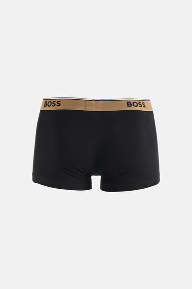 Black cotton boxers by BOSS with tan waistband featuring bold logo, back view on white background