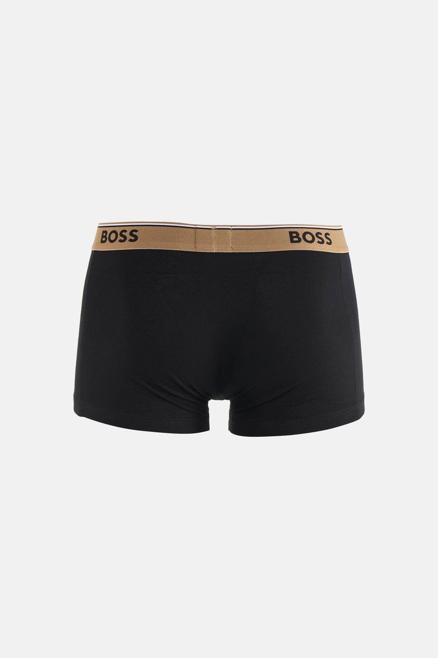 Black cotton boxers by BOSS with tan waistband featuring bold logo, back view on white background