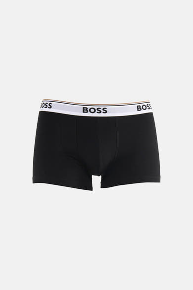 Black cotton boxers by BOSS with white elastic waistband featuring bold logo print, front fly, and clean fit.