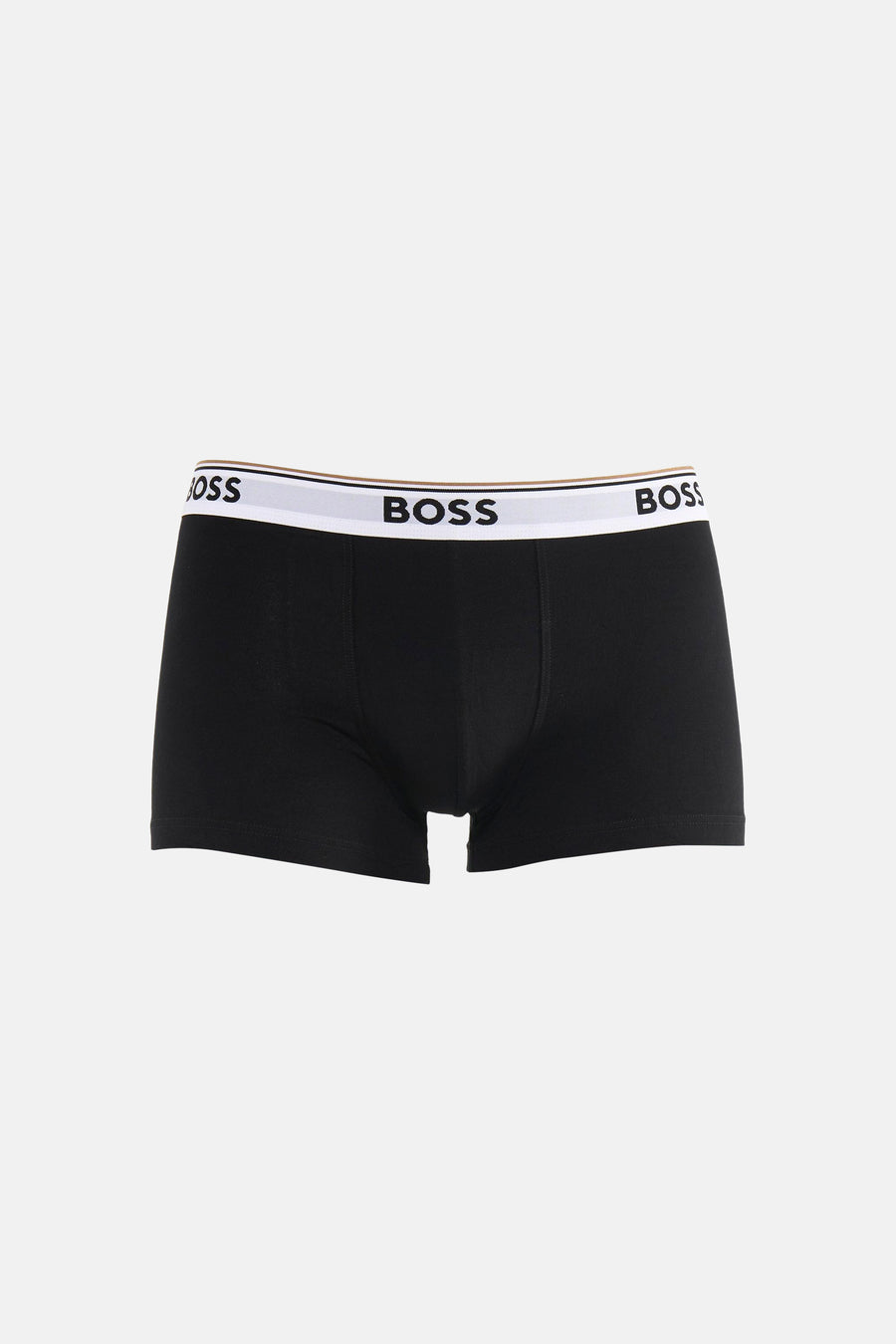 Black cotton boxers by BOSS with white elastic waistband featuring bold logo print, front fly, and clean fit.