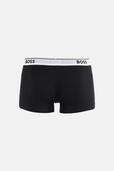Black cotton boxers by BOSS with white waistband featuring bold logo, front view