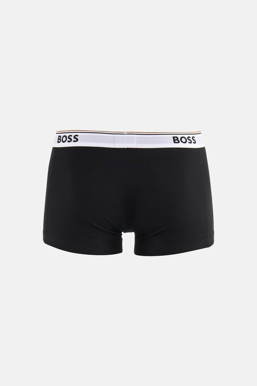 Black cotton boxers by BOSS with white waistband featuring bold logo, front view
