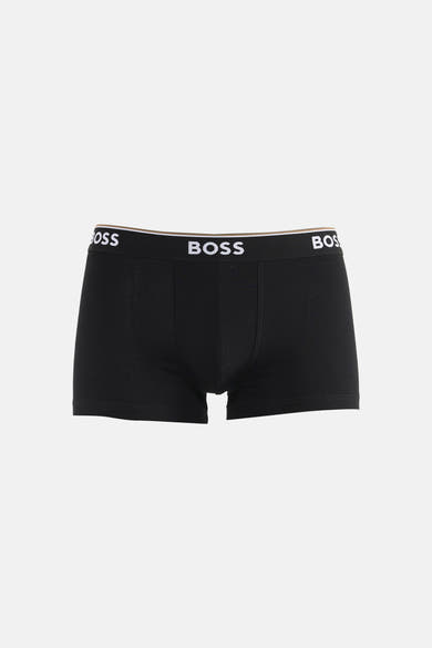 Black cotton boxers by BOSS with white logo waistband, front view, smooth texture