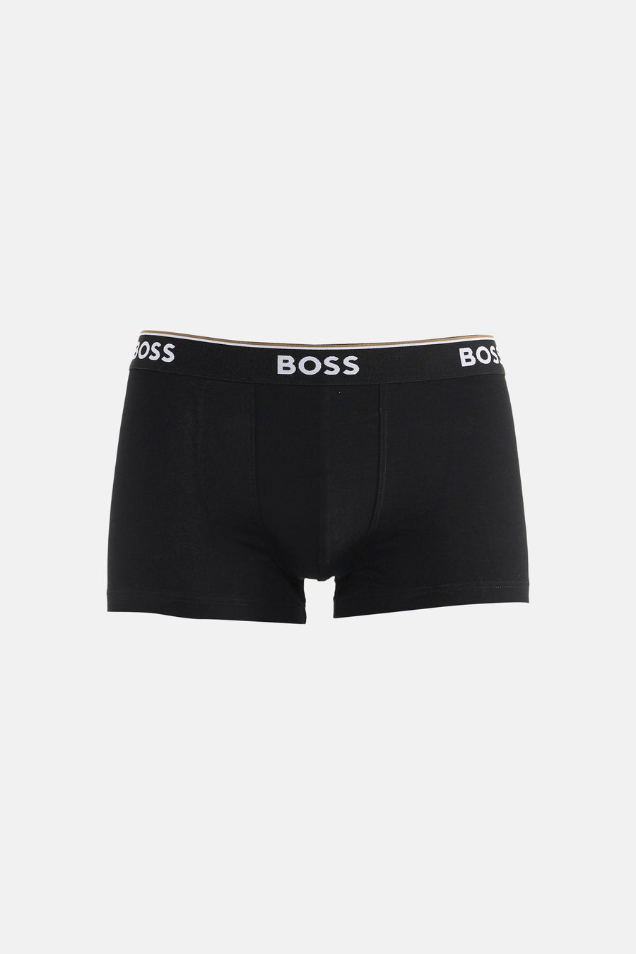 Black cotton boxers by BOSS with white logo waistband, front view, smooth texture