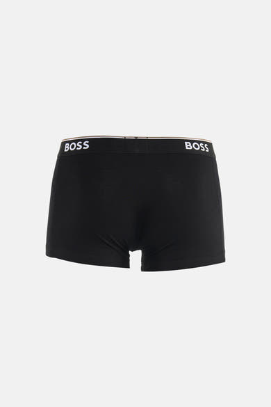 Black cotton boxers by BOSS with white logo waistband, back view, smooth texture