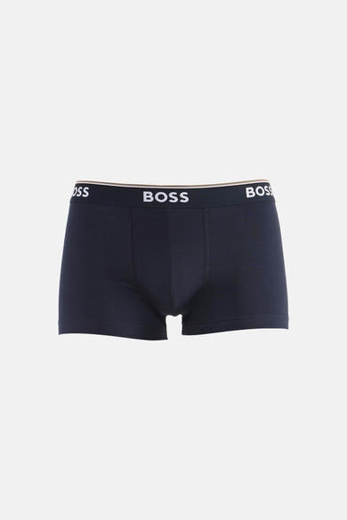 Navy blue cotton boxers by BOSS with white logo waistband, front fly, and smooth texture, front view.