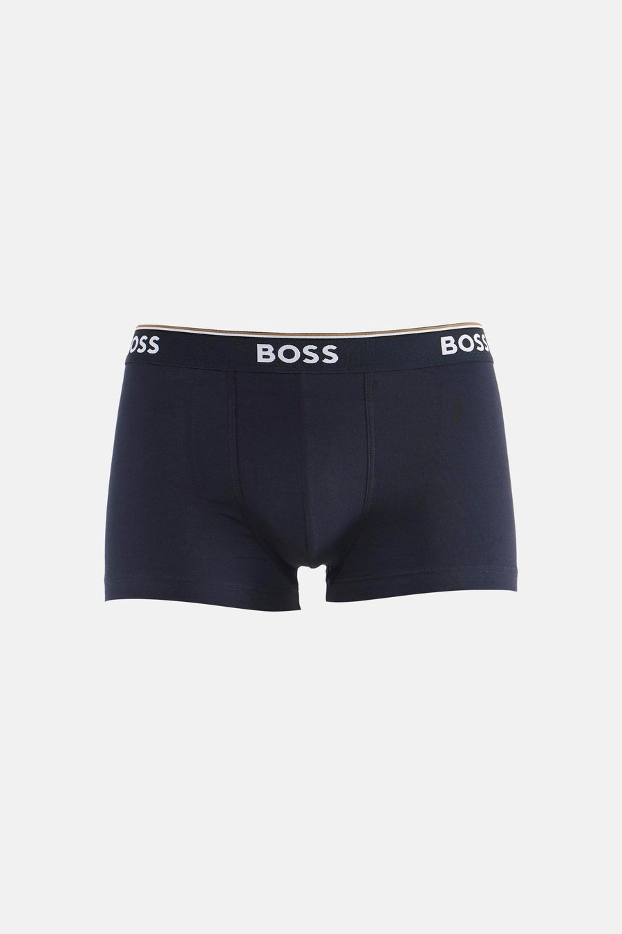Navy blue cotton boxers by BOSS with white logo waistband, front fly, and smooth texture, front view.