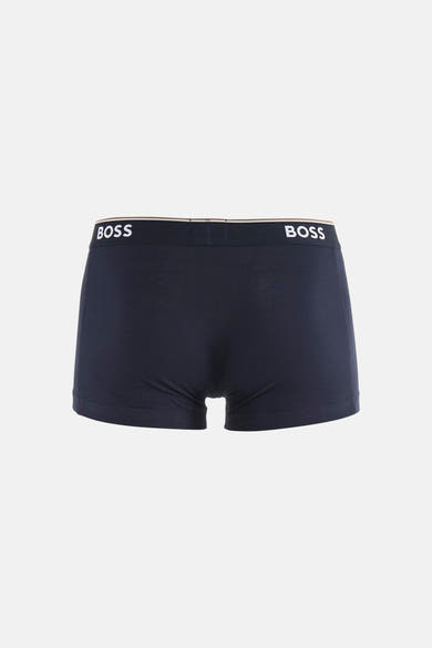 Navy blue cotton boxers by BOSS with white logo waistband, back view, smooth texture