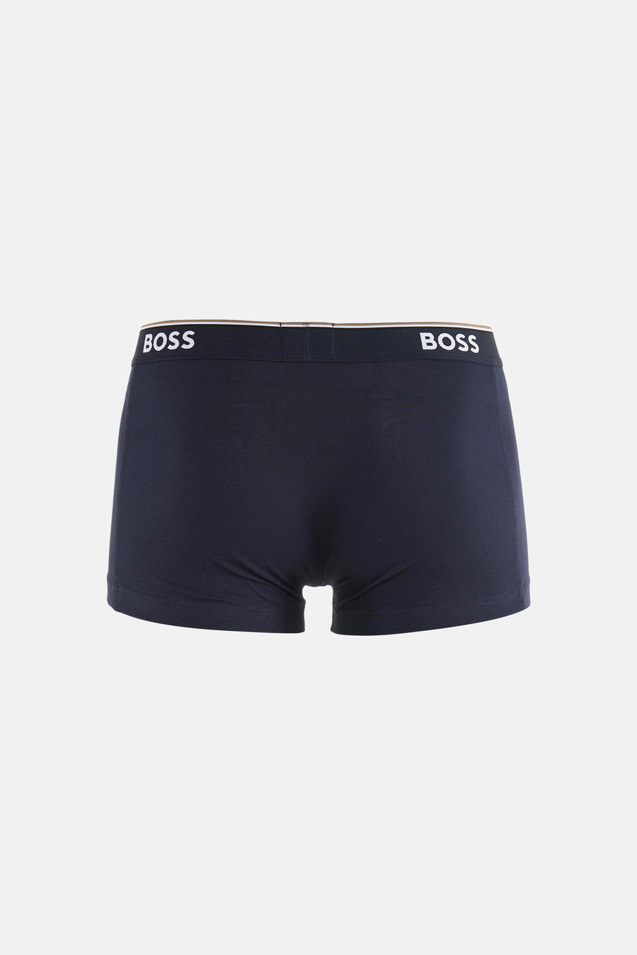 Navy blue cotton boxers by BOSS with white logo waistband, back view, smooth texture