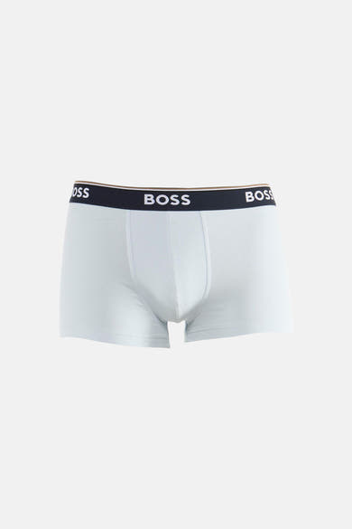 Light blue cotton boxers by BOSS with navy elastic waistband featuring white logo, front view.