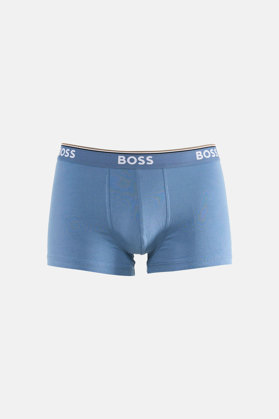 Blue cotton boxers by BOSS with white logo waistband, front view, ribbed texture