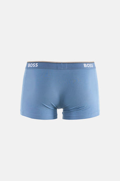 Light blue cotton boxers by BOSS with white logo waistband, back view, smooth texture
