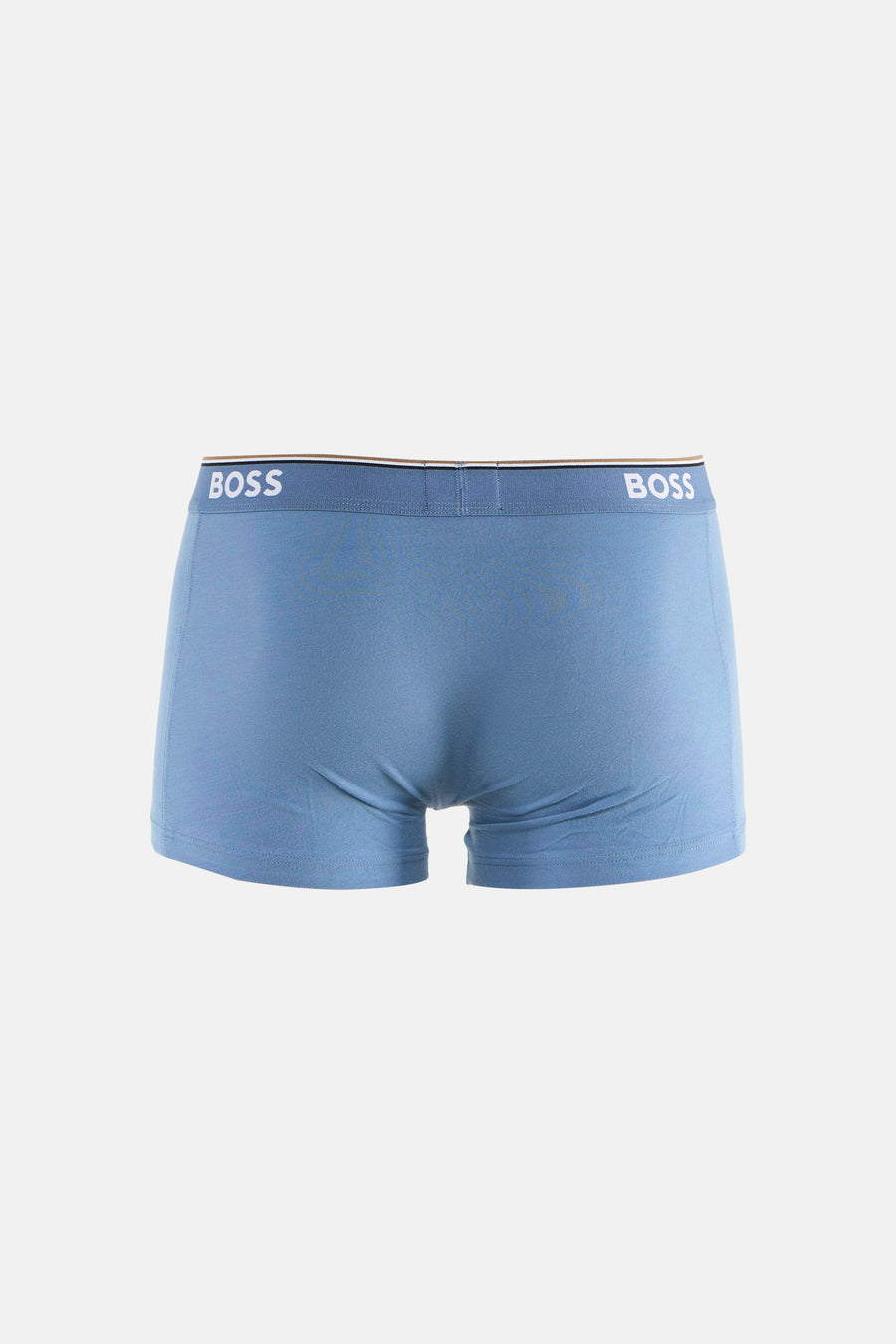 Light blue cotton boxers by BOSS with white logo waistband, back view, smooth texture